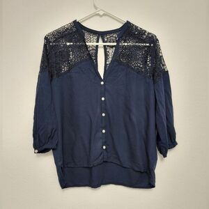 Hollister Navy Blue Lace Insert V-Neck Blouse M